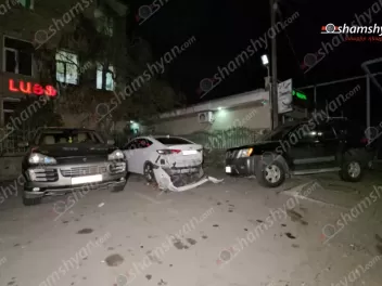 Երևանում անչափահասը Nissan -ով «Բեսթ լայֆ» բժշկական կենտրոնի մոտ բախվել է կայանված Hyundai Elantra-ին, վերջինն էլ բախվել է կայանված Porsche Cayenne-ին. կա վիրավոր